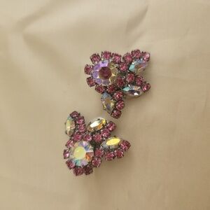 Vintage MC Juilana Style Pink Confetti Rhinestone Clip On Earrings